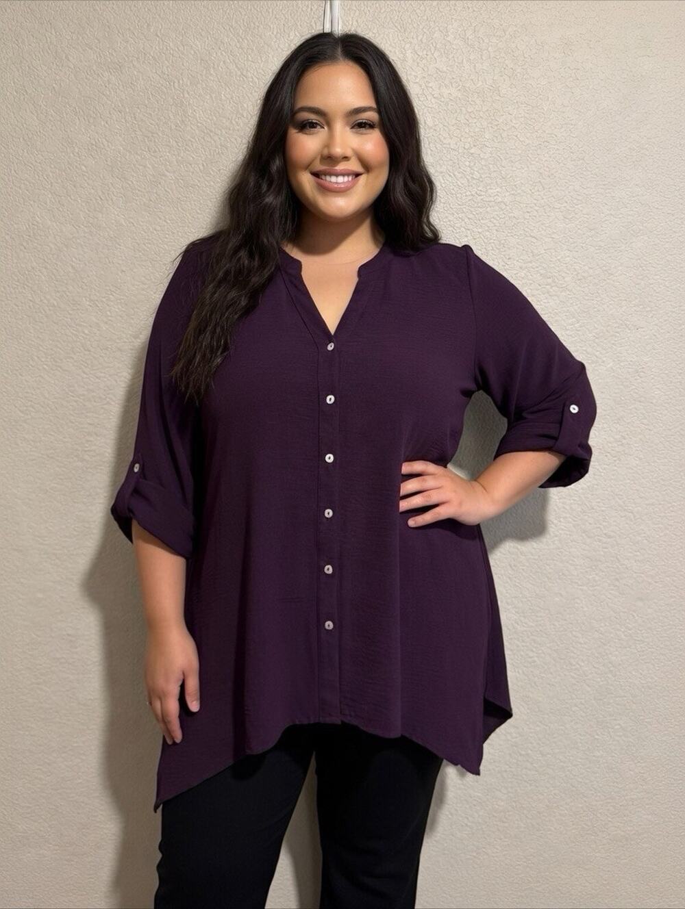 Indigo Rose Tunic Blouse Top 1X Button Down Cottage Coastal Career Plum Flowy